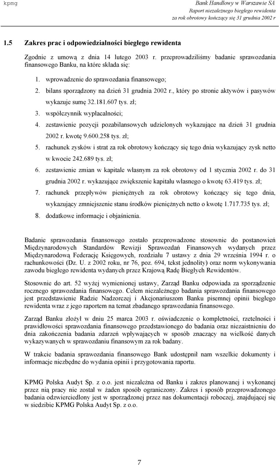 zestawienie pozycji pozabilansowych udzielonych wykazujące na dzień 31 grudnia 2002 r. kwotę 9.600.258 ; 5.