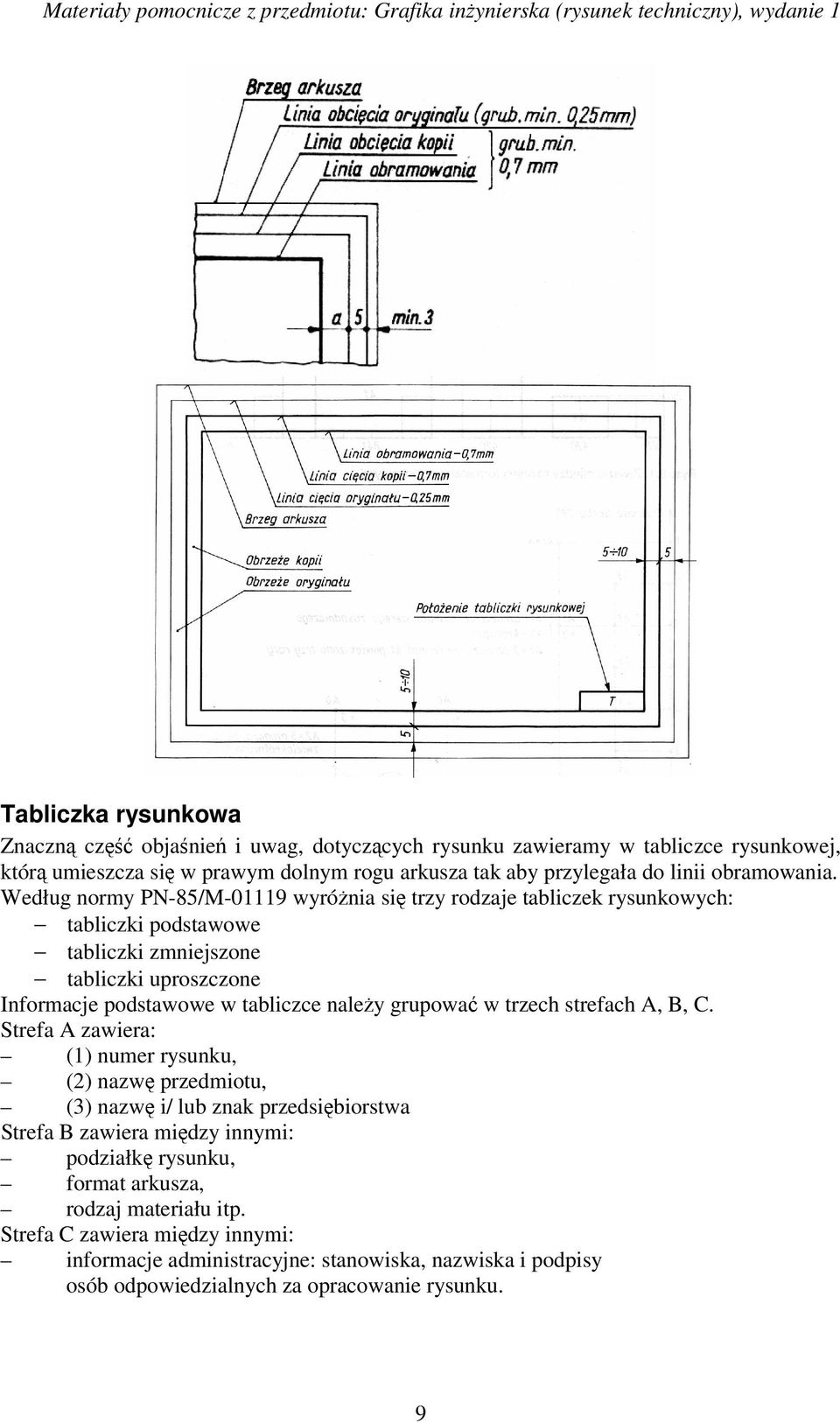 Według normy PN-85/M-01119 wyróżnia się trzy rodzaje tabliczek rysunkowych: tabliczki podstawowe tabliczki zmniejszone tabliczki uproszczone Informacje podstawowe w tabliczce należy