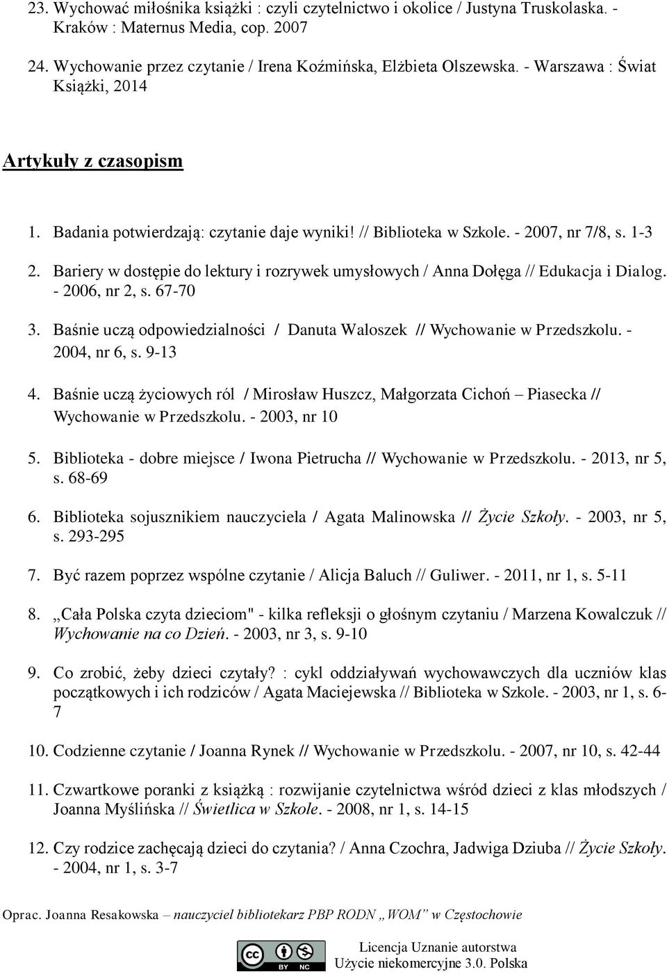 Bariery w dostępie do lektury i rozrywek umysłowych / Anna Dołęga // Edukacja i Dialog. - 2006, nr 2, s. 67-70 3. Baśnie uczą odpowiedzialności / Danuta Waloszek // Wychowanie w Przedszkolu.