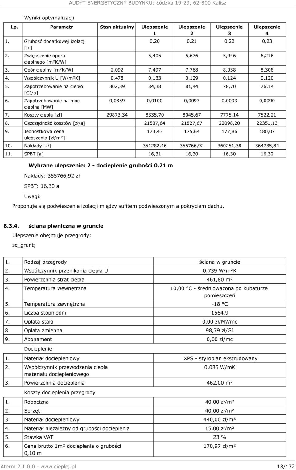 Współczynnik U [W/m²K] 0,478 0,133 0,129 0,124 0,120 5. Zapotrzebowanie na ciepło [GJ/a] 6. Zapotrzebowanie na moc cieplną [MW] 302,39 84,38 81,44 78,70 76,14 0,0359 0,0100 0,0097 0,0093 0,0090 7.