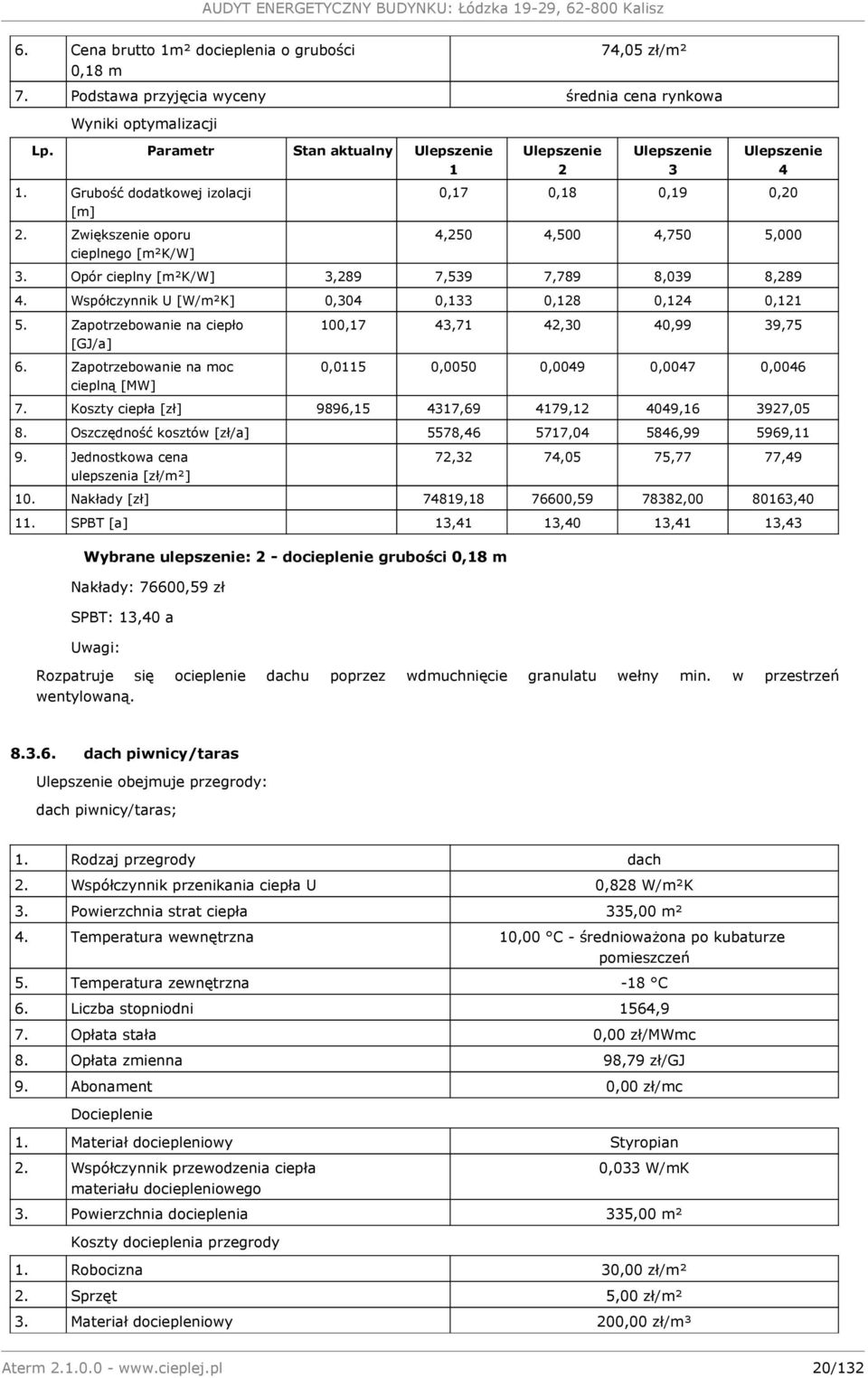 Opór cieplny [m²k/w] 3,289 7,539 7,789 8,039 8,289 4. Współczynnik U [W/m²K] 0,304 0,133 0,128 0,124 0,121 5. Zapotrzebowanie na ciepło [GJ/a] 6.