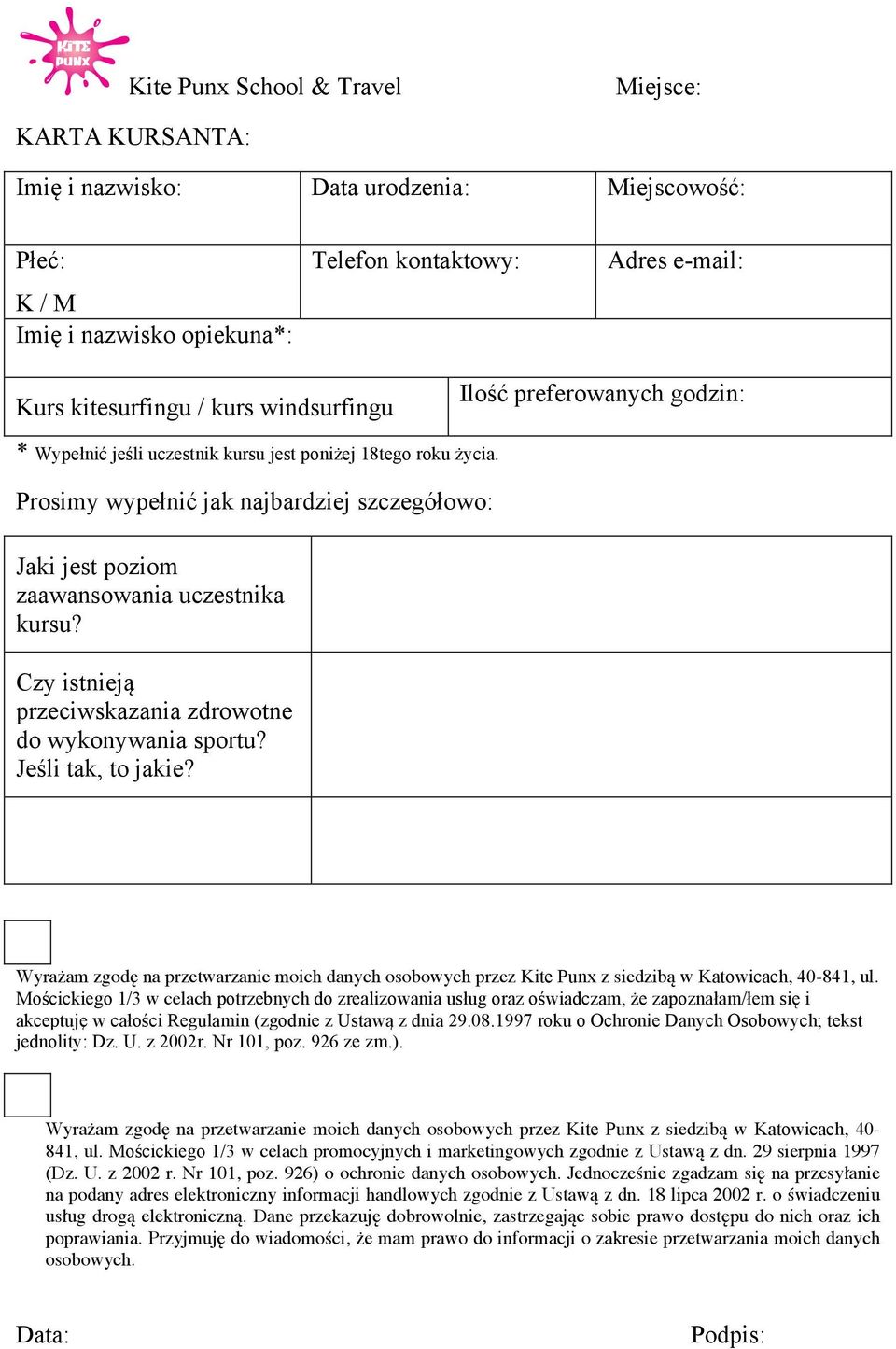 Czy istnieją przeciwskazania zdrowotne do wykonywania sportu? Jeśli tak, to jakie? Wyrażam zgodę na przetwarzanie moich danych osobowych przez Kite Punx z siedzibą w Katowicach, 40-841, ul.