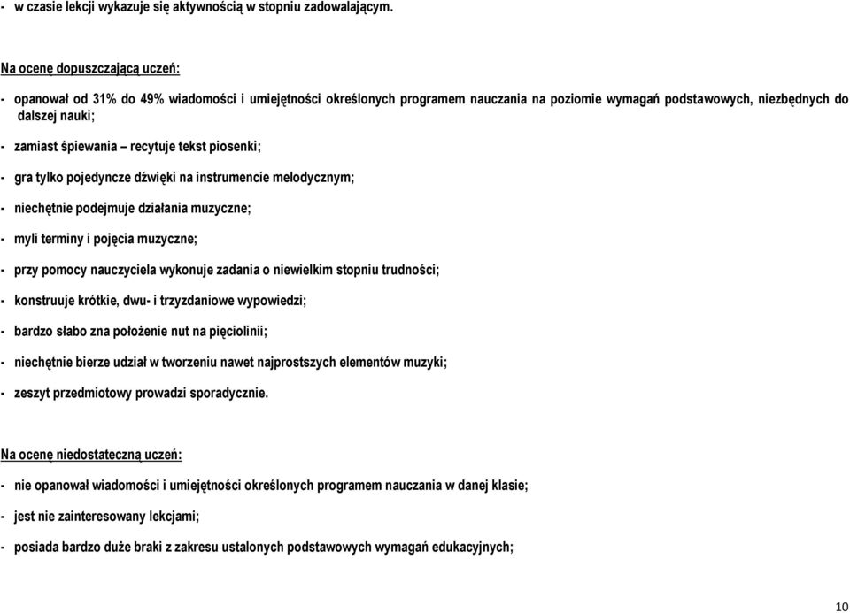 recytuje tekst piosenki; - gra tylko pojedyncze dźwięki na instrumencie melodycznym; - niechętnie podejmuje działania muzyczne; - myli terminy i pojęcia muzyczne; - przy pomocy nauczyciela wykonuje