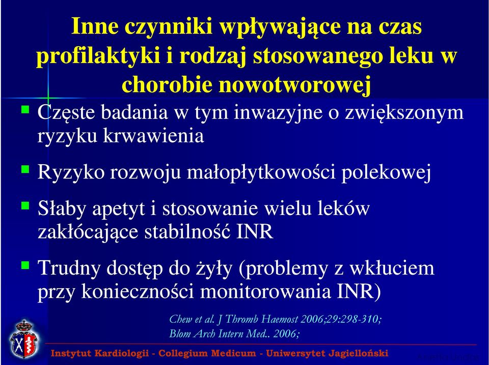 apetyt i stosowanie wielu leków zakłócające stabilność INR Trudny dostęp do żyły (problemy z wkłuciem