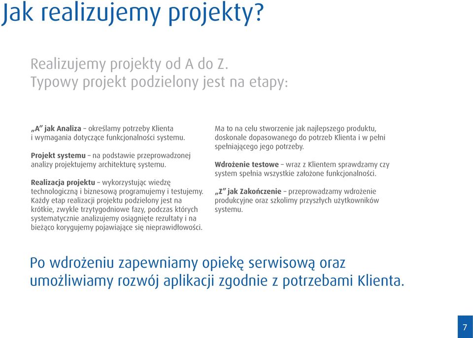 Każdy etap realizacji projektu podzielony jest na krótkie, zwykle trzytygodniowe fazy, podczas których systematycznie analizujemy osiągnięte rezultaty i na bieżąco korygujemy pojawiające się