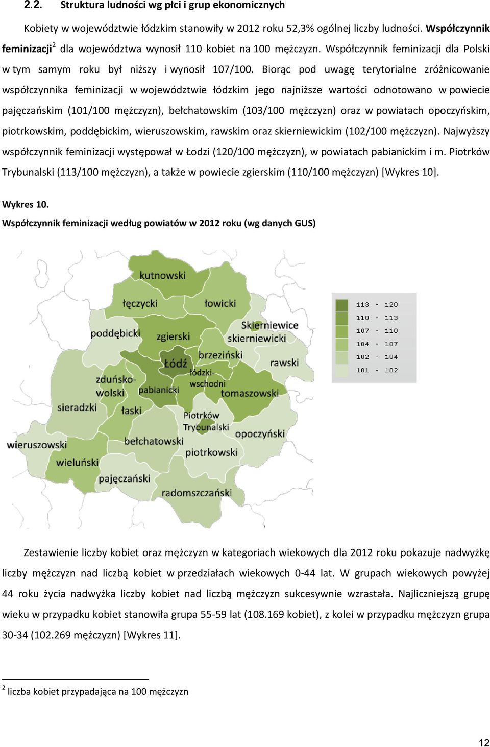 Biorąc pod uwagę terytorialne zróżnicowanie współczynnika feminizacji w województwie łódzkim jego najniższe wartości odnotowano w powiecie pajęczańskim (101/100 mężczyzn), bełchatowskim (103/100