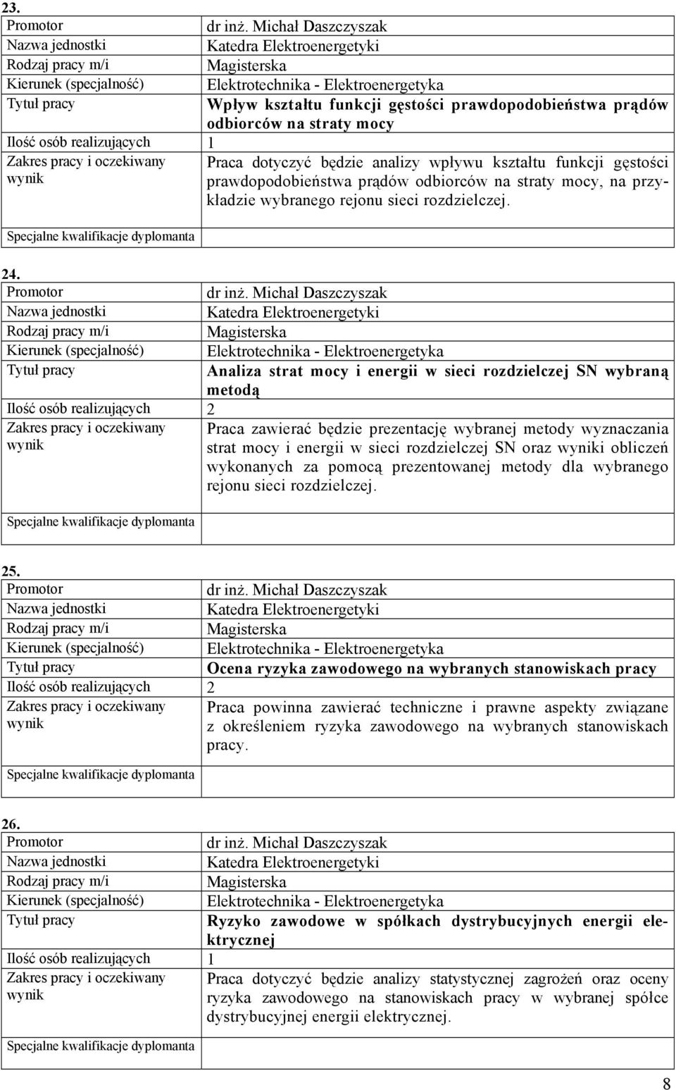 odbiorców na straty mocy, na przykładzie wybranego rejonu sieci rozdzielczej. 24. dr inż.