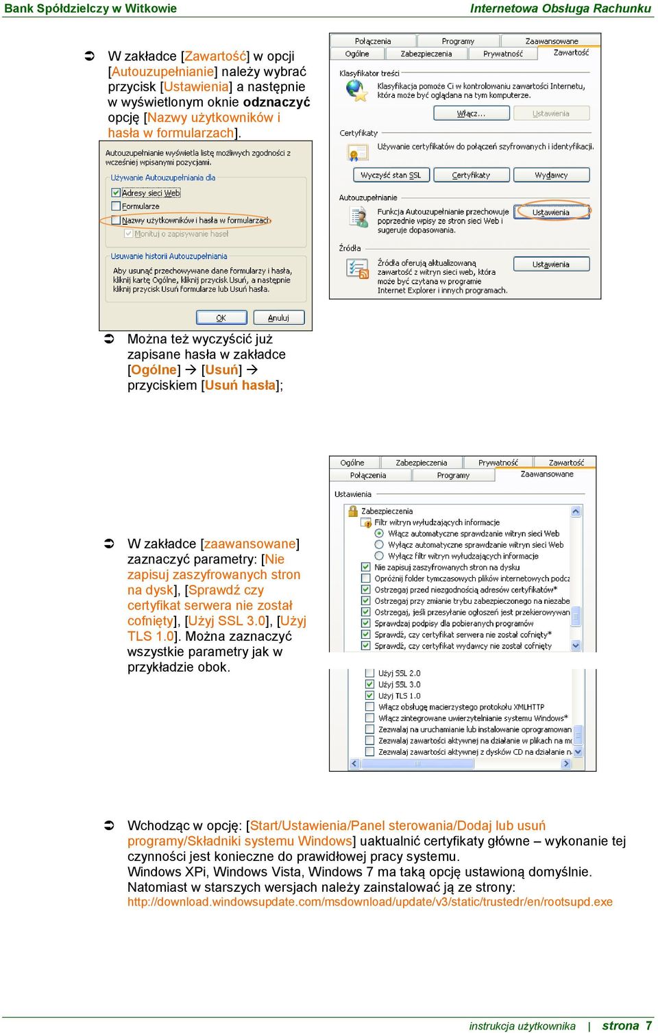 certyfikat serwera nie został cofnięty], [Użyj SSL 3.0], [Użyj TLS 1.0]. Można zaznaczyć wszystkie parametry jak w przykładzie obok.