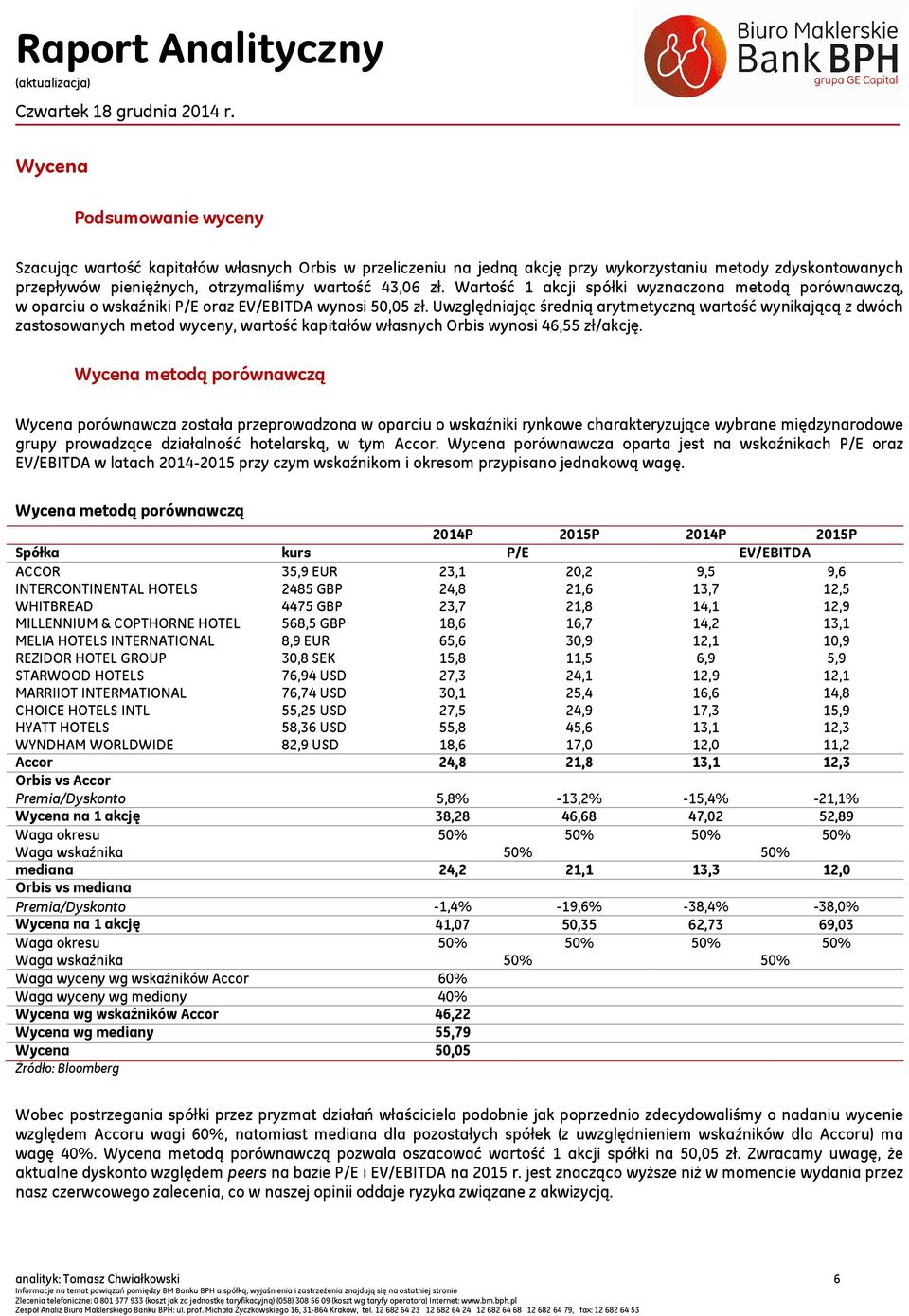 Uwzględniając średnią arytmetyczną wartość wynikającą z dwóch zastosowanych metod wyceny, wartość kapitałów własnych Orbis wynosi 46,55 zł/akcję.