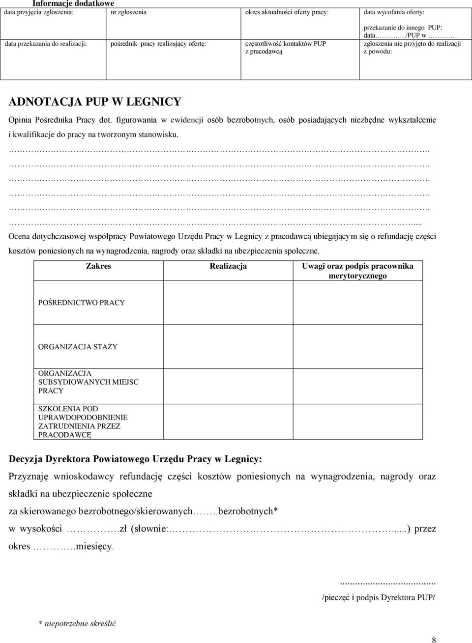 figurowania w ewidencji osób bezrobotnych, osób posiadających niezbędne wykształcenie i kwalifikacje do pracy na tworzonym stanowisku.