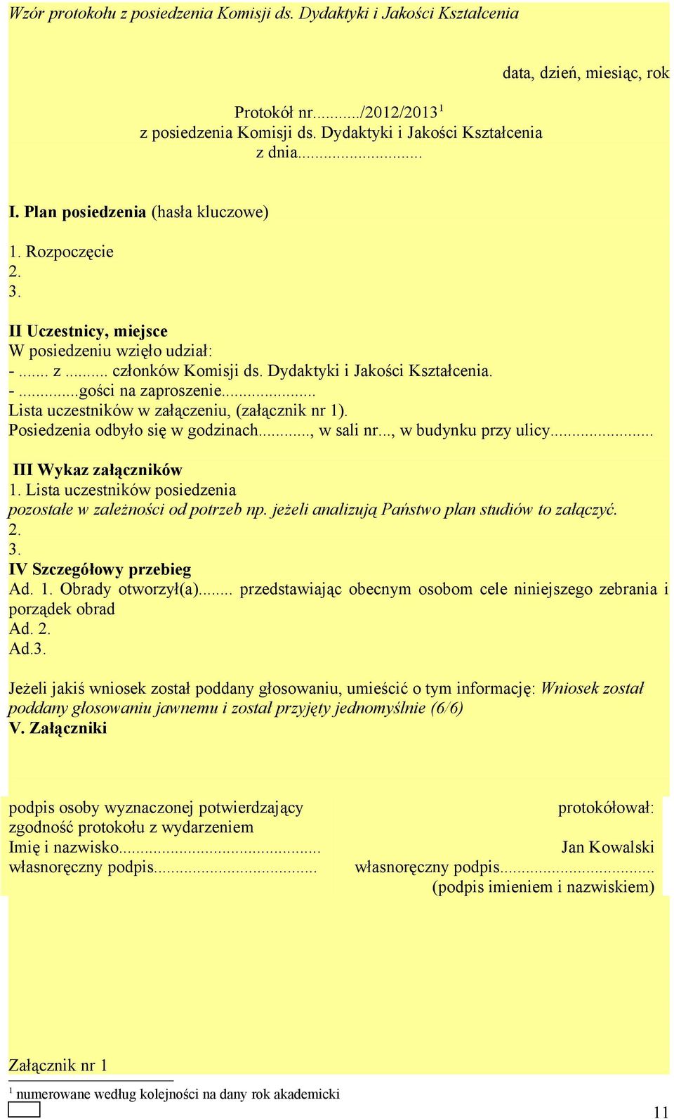 .. Lista uczestników w załączeniu, (załącznik nr 1). Posiedzenia odbyło się w godzinach..., w sali nr..., w budynku przy ulicy... III Wykaz załączników 1.