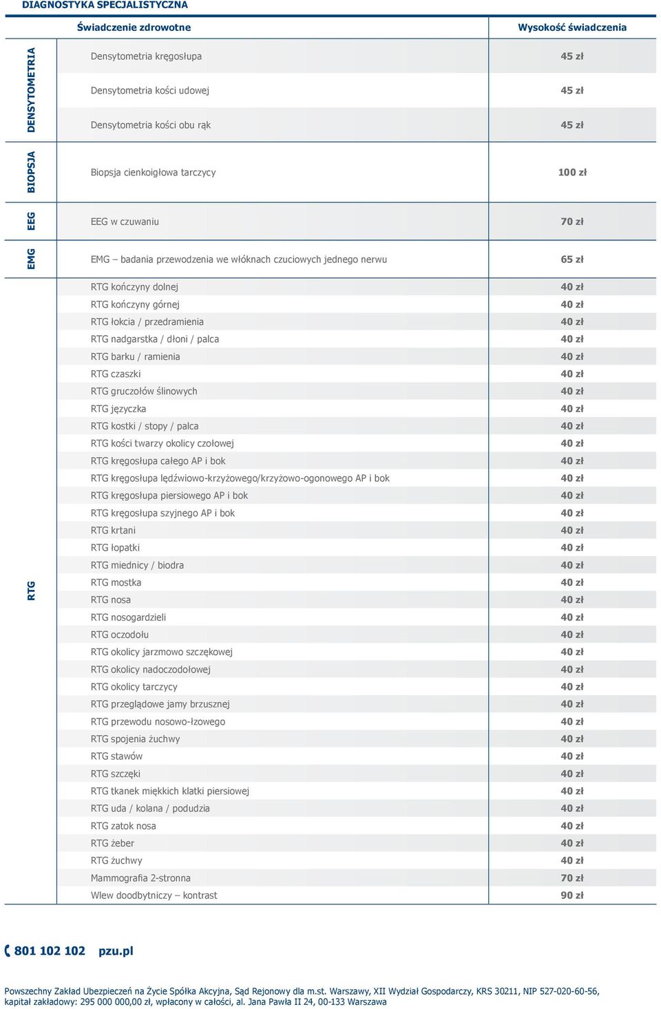 gruczołów ślinowych RTG języczka RTG kostki / stopy / palca RTG kości twarzy okolicy czołowej RTG kręgosłupa całego AP i bok RTG kręgosłupa lędźwiowo-krzyżowego/krzyżowo-ogonowego AP i bok RTG