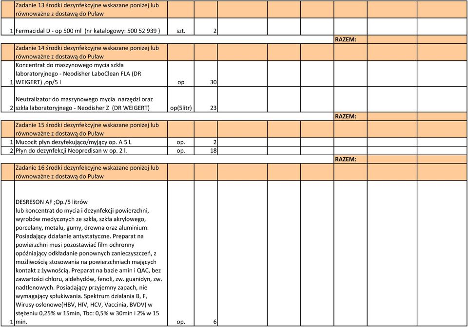 narzędzi oraz szkła laboratoryjnego - Neodisher Z (DR WEIGERT) op(5litr) 23 Zadanie 15 środki dezynfekcyjne wskazane poniżej lub 1 Mucocit płyn dezyfekująco/myjący op. A 5 L op.