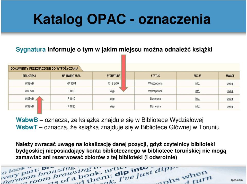 Toruniu NaleŜy zwracać uwagę na lokalizację danej pozycji, gdyŝ czytelnicy biblioteki bydgoskiej nieposiadający