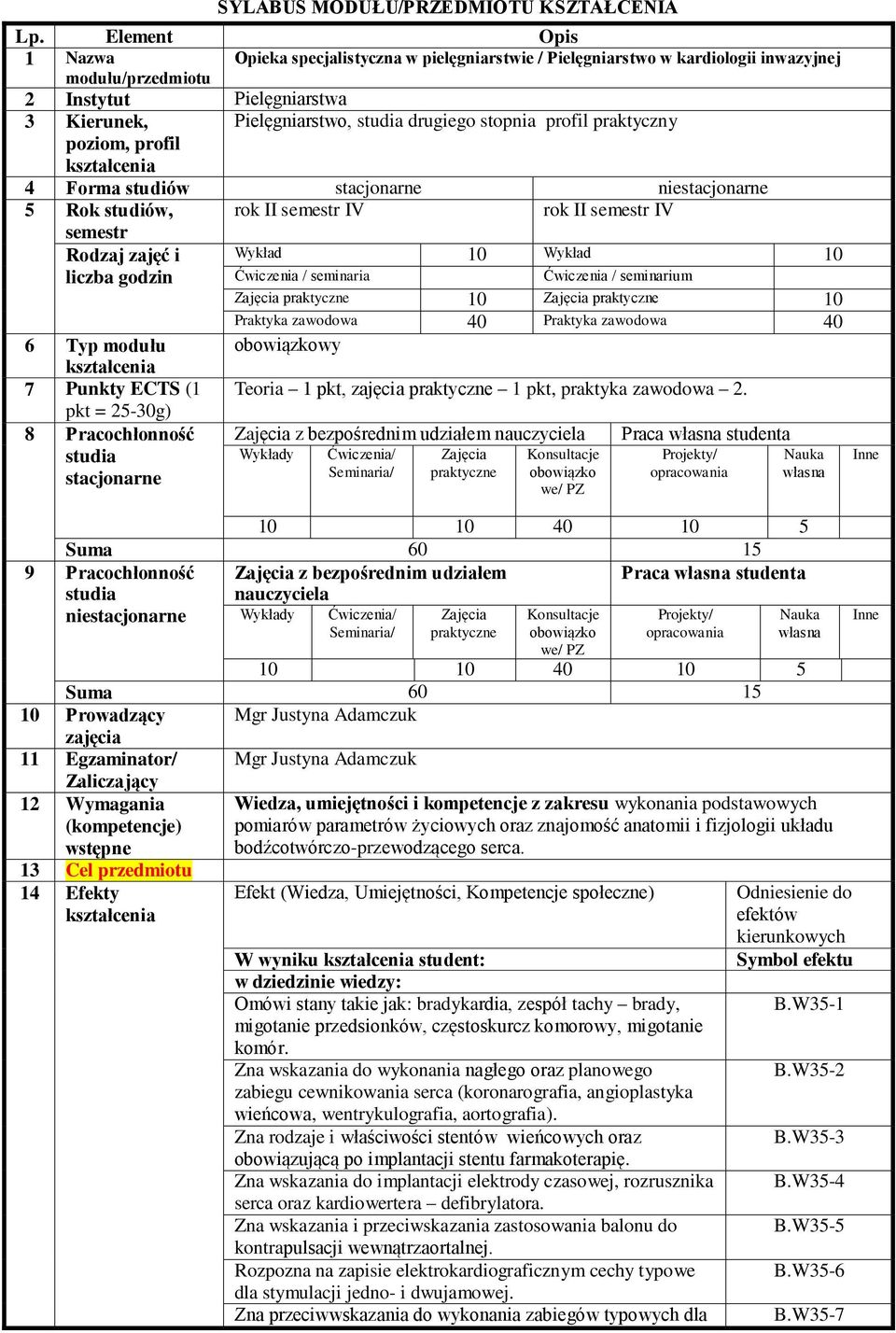 profil praktyczny poziom, profil 4 Forma studiów stacjonarne niestacjonarne 5 Rok studiów, rok II semestr IV rok II semestr IV semestr Rodzaj zajęć i Wykład 10 Wykład 10 liczba godzin Ćwiczenia /