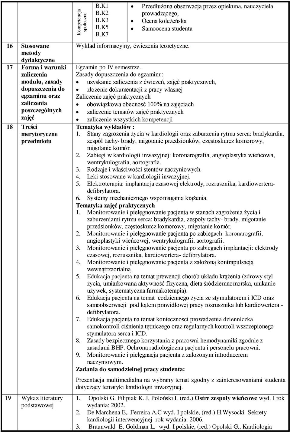 Przedłużona obserwacja przez opiekuna, nauczyciela prowadzącego, Ocena koleżeńska Samoocena studenta Egzamin po IV semestrze.