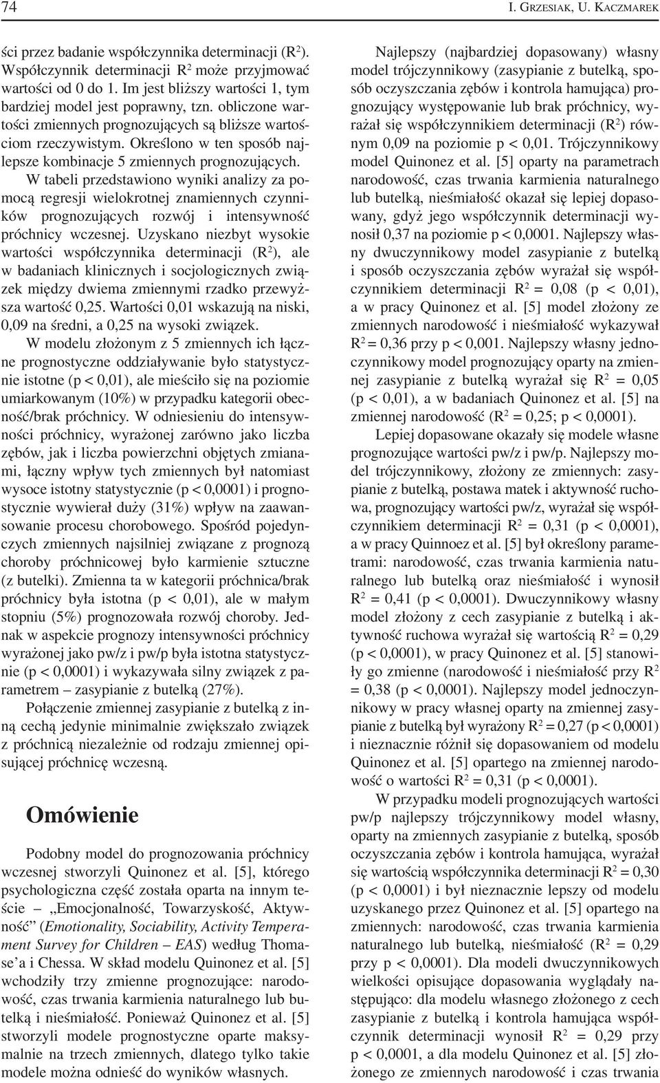 Określono w ten sposób naj lepsze kombinacje 5 zmiennych prognozujących.