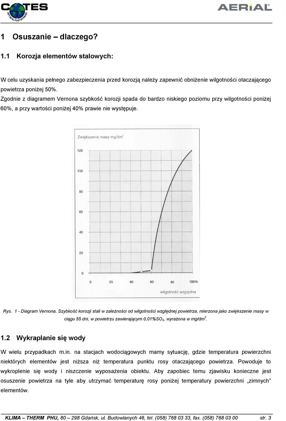Szybkość korozji stali w zależności od wilgotności względnej powietrza, mierzona jako zwiększenie masy w ciągu 55 dni, w powietrzu zawierającym 0,01%SO 2, wyrażona w mg/dm 2. 1.