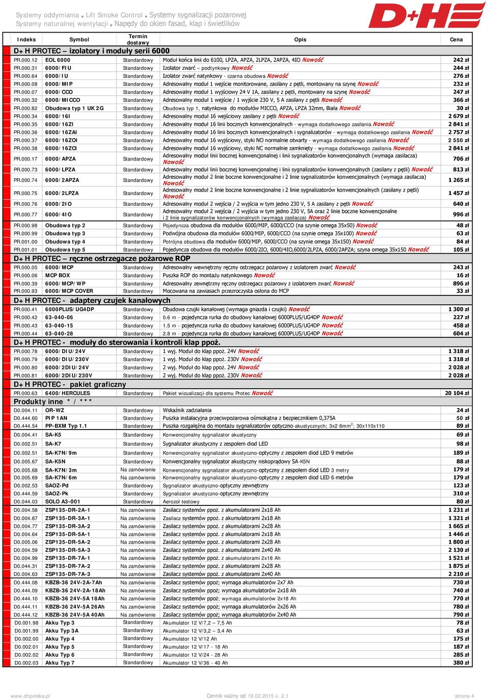 000.07 6000/CCO Standardowy Adresowalny moduł 1 wyjściowy 24 V 1A, zasilany z pętli, montowany na szynę Nowość 247 zł PR.000.32 6000/MICCO Standardowy Adresowalny moduł 1 wejście / 1 wyjście 230 V, 5 A zasilany z pętli Nowość 366 zł PR.