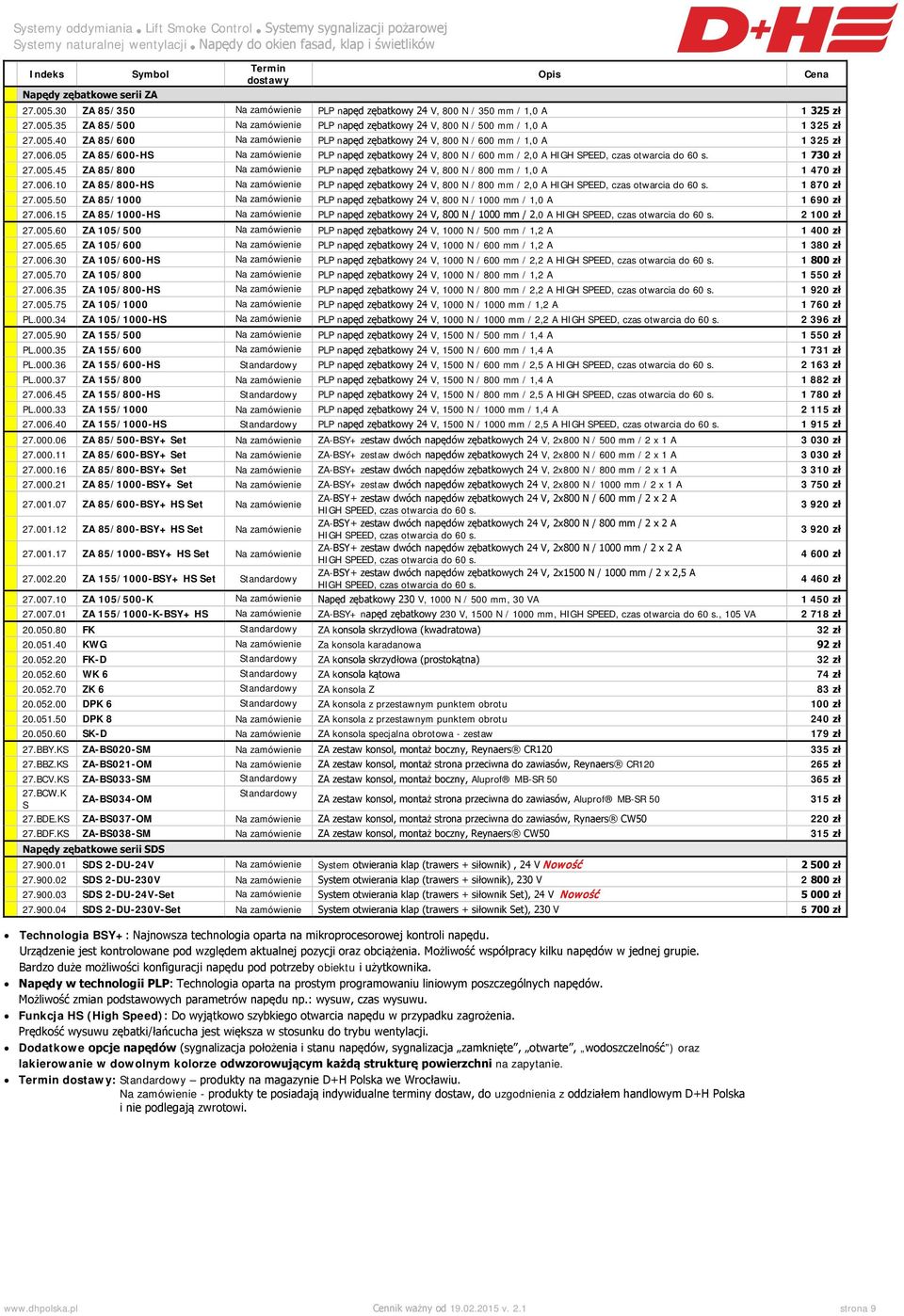 006.10 ZA 85/800-HS Na zamówienie PLP napęd zębatkowy 24 V, 800 N / 800 mm / 2,0 A 1 870 zł 27.005.50 ZA 85/1000 Na zamówienie PLP napęd zębatkowy 24 V, 800 N / 1000 mm / 1,0 A 1 690 zł 27.006.15 ZA 85/1000-HS Na zamówienie PLP napęd zębatkowy 24 V, 800 N / 1000 mm / 2,0 A 2 100 zł 27.