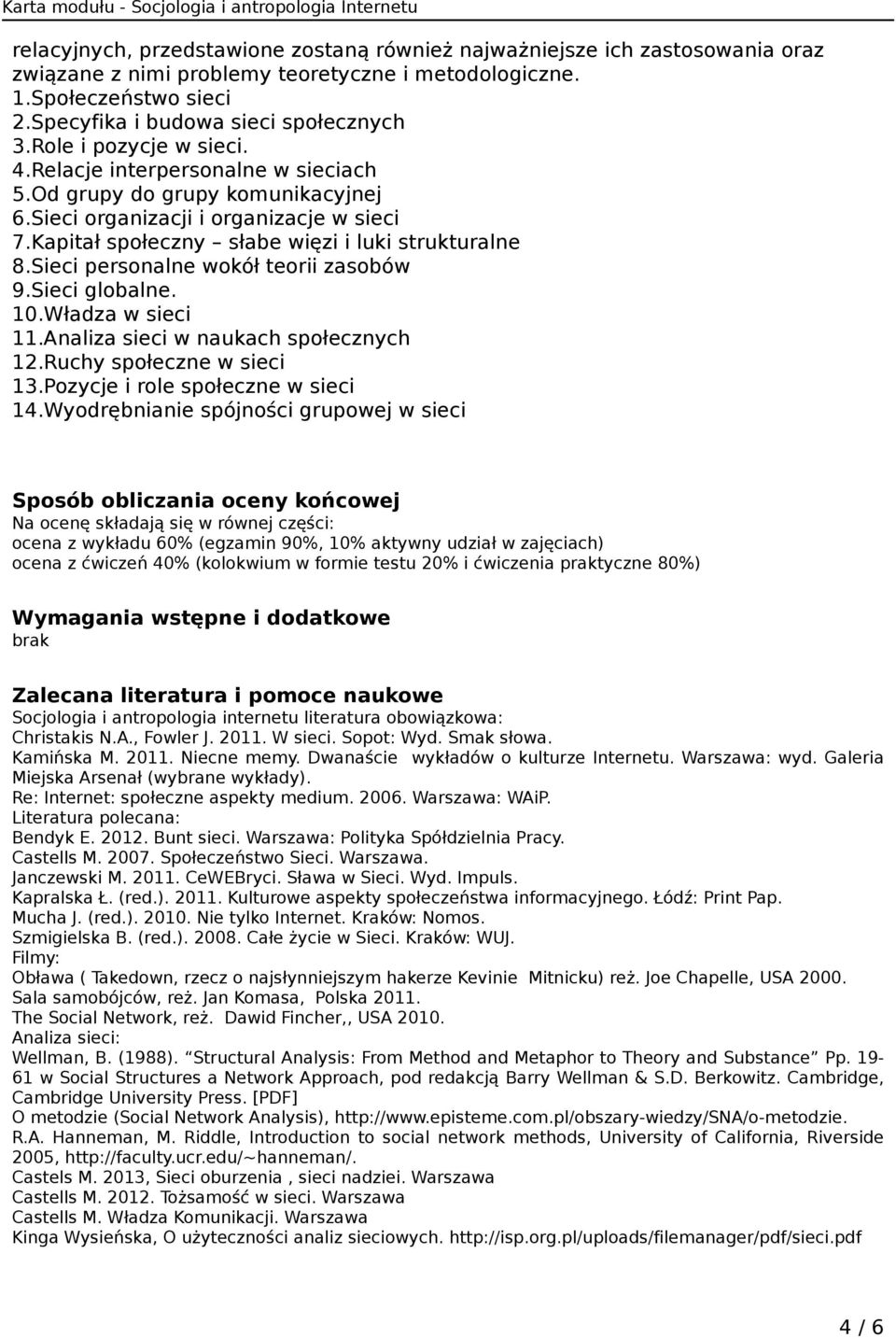 Sieci personalne wokół teorii zasobów 9.Sieci globalne. 10.Władza w sieci 11.Analiza sieci w naukach społecznych 12.Ruchy społeczne w sieci 13.Pozycje i role społeczne w sieci 14.