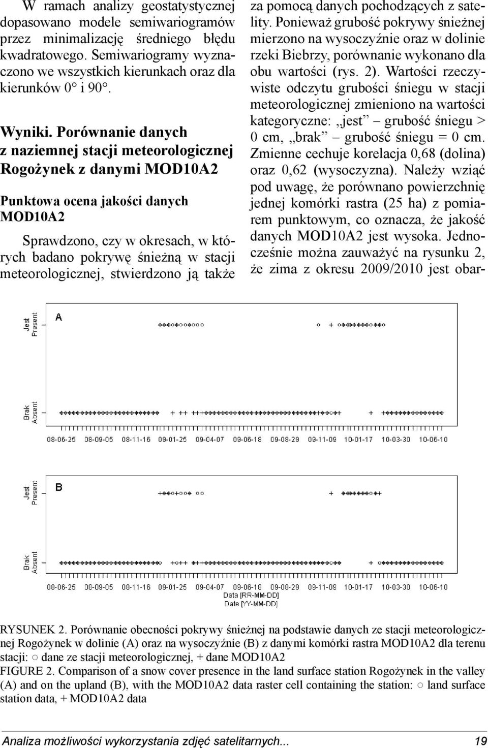 Porównanie danych z naziemnej stacji meteorologicznej Rogożynek z danymi MOD10A2 Punktowa ocena jakości danych MOD10A2 Sprawdzono, czy w okresach, w których badano pokrywę śnieżną w stacji