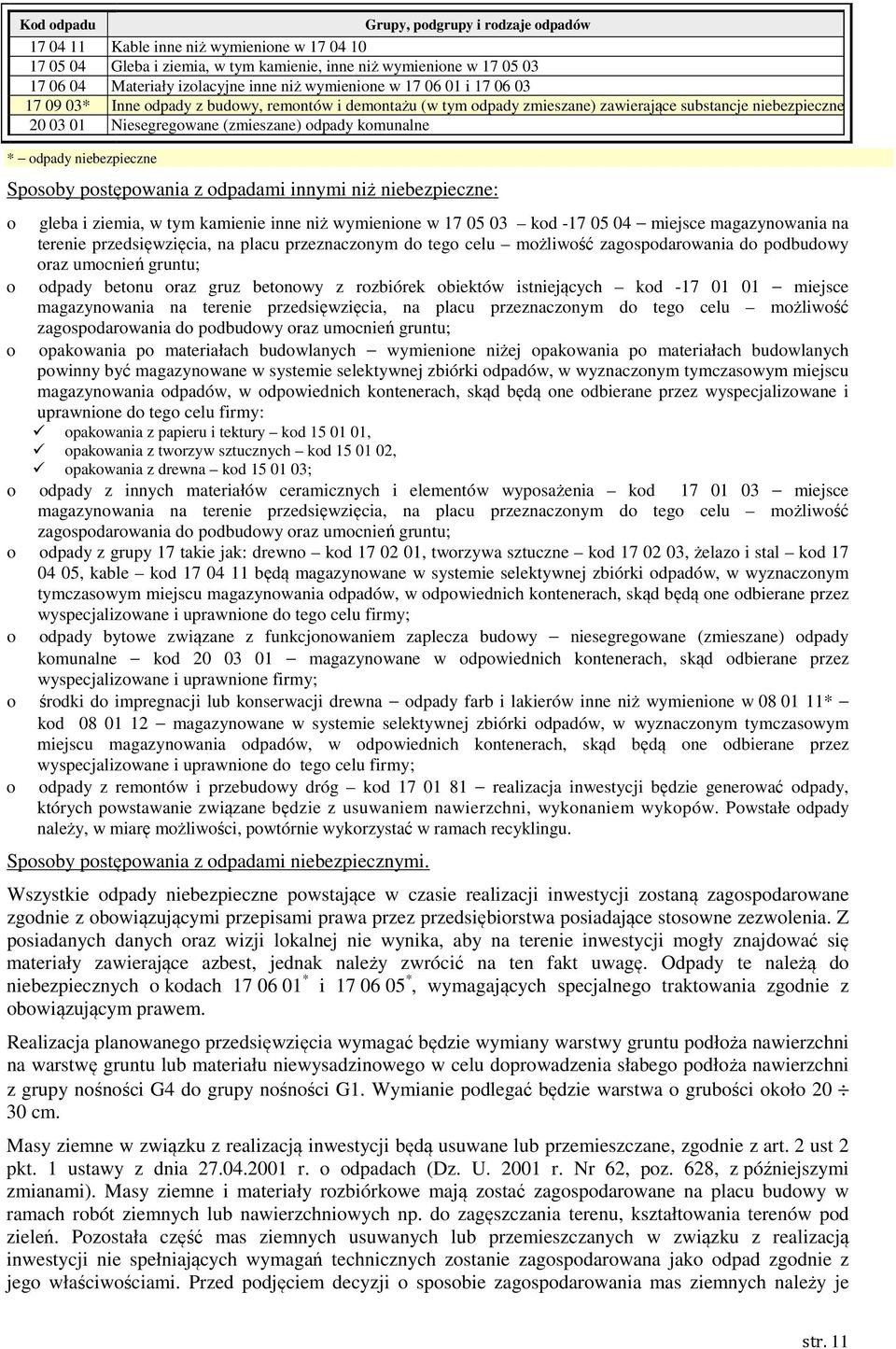 niebezpieczne Spsby pstępwania z dpadami innymi niż niebezpieczne: gleba i ziemia, w tym kamienie inne niż wymienine w 17 05 03 kd -17 05 04 miejsce magazynwania na terenie przedsięwzięcia, na placu