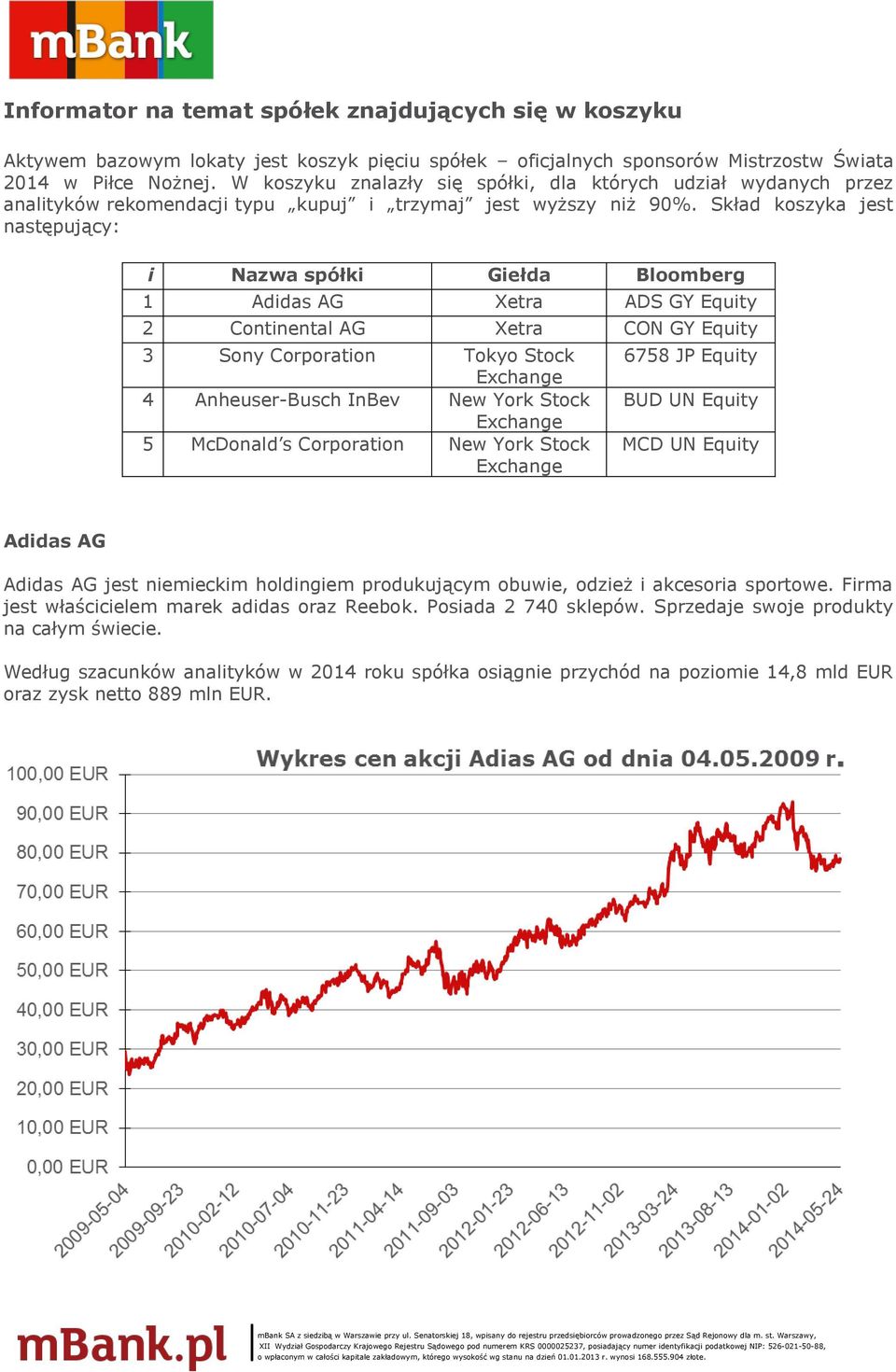 Skład koszyka jest następujący: i Nazwa spółki Giełda Bloomberg 1 Adidas AG Xetra ADS GY Equity 2 Continental AG Xetra CON GY Equity 3 Sony Corporation Tokyo Stock Exchange 4 Anheuser-Busch InBev New