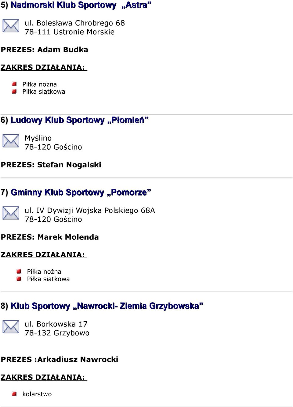 Płomień Myślino 78-120 Gościno PREZES: Stefan Nogalski 7) Gminny Klub Sportowy Pomorze ul.