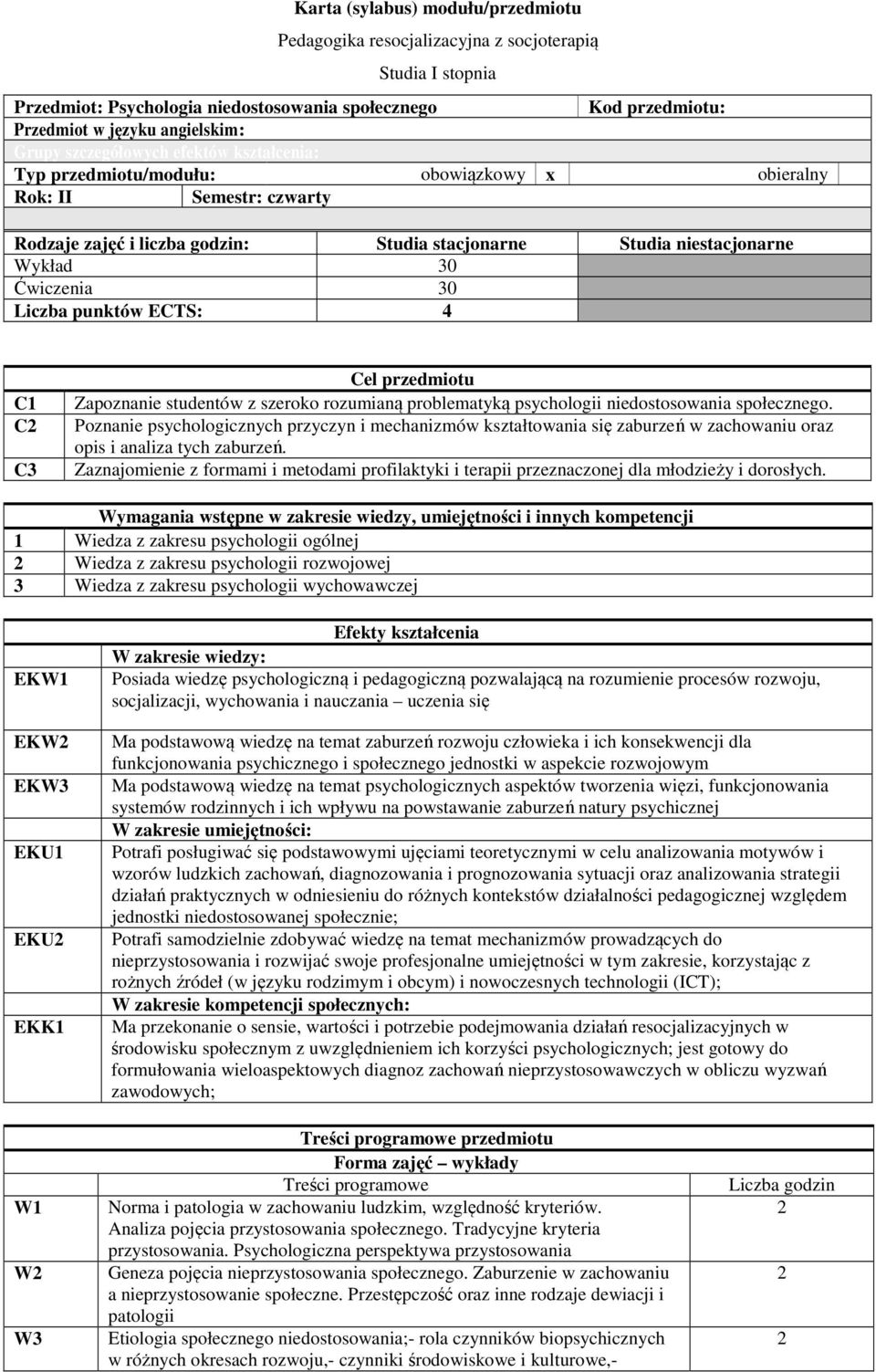 30 Liczba punktów ECTS: 4 C1 C C3 Cel przedmiotu Zapoznanie studentów z szeroko rozumianą problematyką psychologii niedostosowania społecznego.