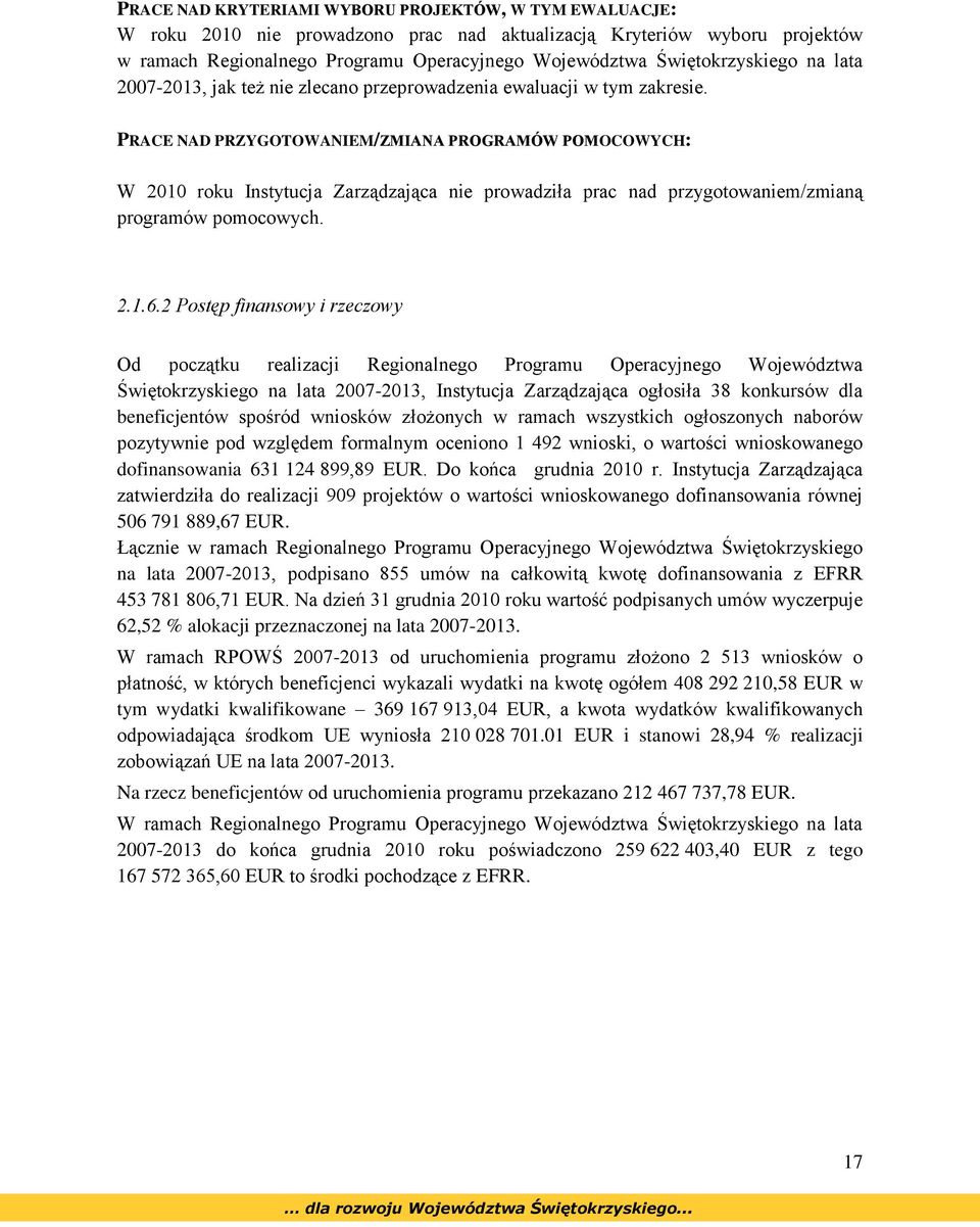 PRACE NAD PRZYGOTOWANIEM/ZMIANA PROGRAMÓW POMOCOWYCH: W 2010 roku Instytucja Zarządzająca nie prowadziła prac nad przygotowaniem/zmianą programów pomocowych. 2.1.6.
