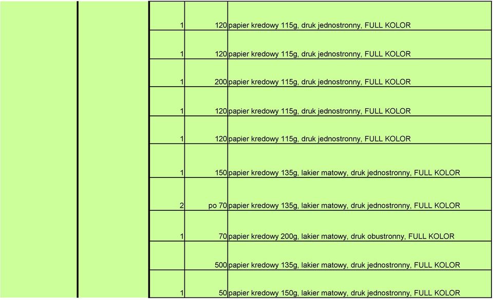 matowy, druk jednostronny, FULL KOLOR 2 po 70 papier kredowy 135g, lakier matowy, druk jednostronny, FULL KOLOR 1 70 papier kredowy 200g, lakier matowy, druk