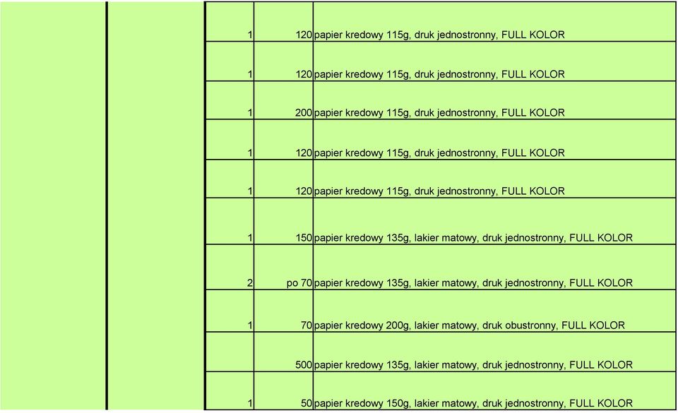 matowy, druk jednostronny, FULL KOLOR 2 po 70 papier kredowy 135g, lakier matowy, druk jednostronny, FULL KOLOR 1 70 papier kredowy 200g, lakier matowy, druk