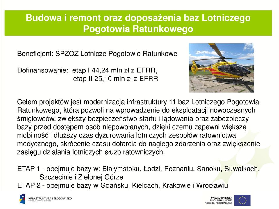 oraz zabezpieczy bazy przed dostępem osób niepowołanych, dzięki czemu zapewni większą mobilność i dłuższy czas dyżurowania lotniczych zespołów ratownictwa medycznego, skrócenie czasu dotarcia do