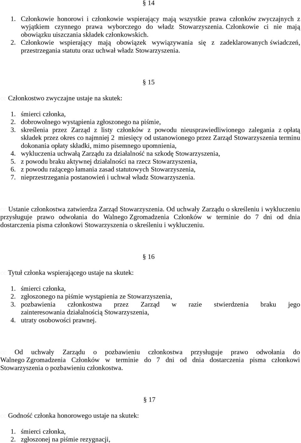 Członkowie wspierający mają obowiązek wywiązywania się z zadeklarowanych świadczeń, przestrzegania statutu oraz uchwał władz Stowarzyszenia. cc Członkostwo zwyczajne ustaje na skutek: 15 1.