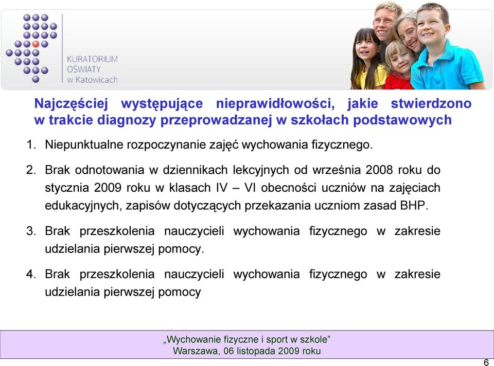 Brak odnotowania w dziennikach lekcyjnych od września 2008 roku do stycznia 2009 roku w klasach IV VI obecności uczniów na zajęciach