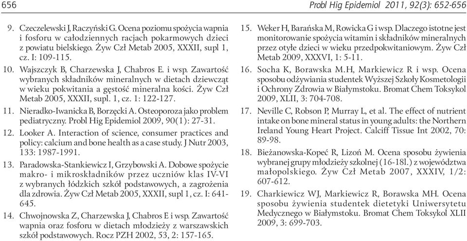 Zawartość wybranych składników mineralnych w dietach dziewcząt w wieku pokwitania a gęstość mineralna kości. Żyw Czł Metab 2005, XXXII, supl. 1, cz. 1: 122-127. 11. Nieradko-Iwanicka B, Borzęcki A.