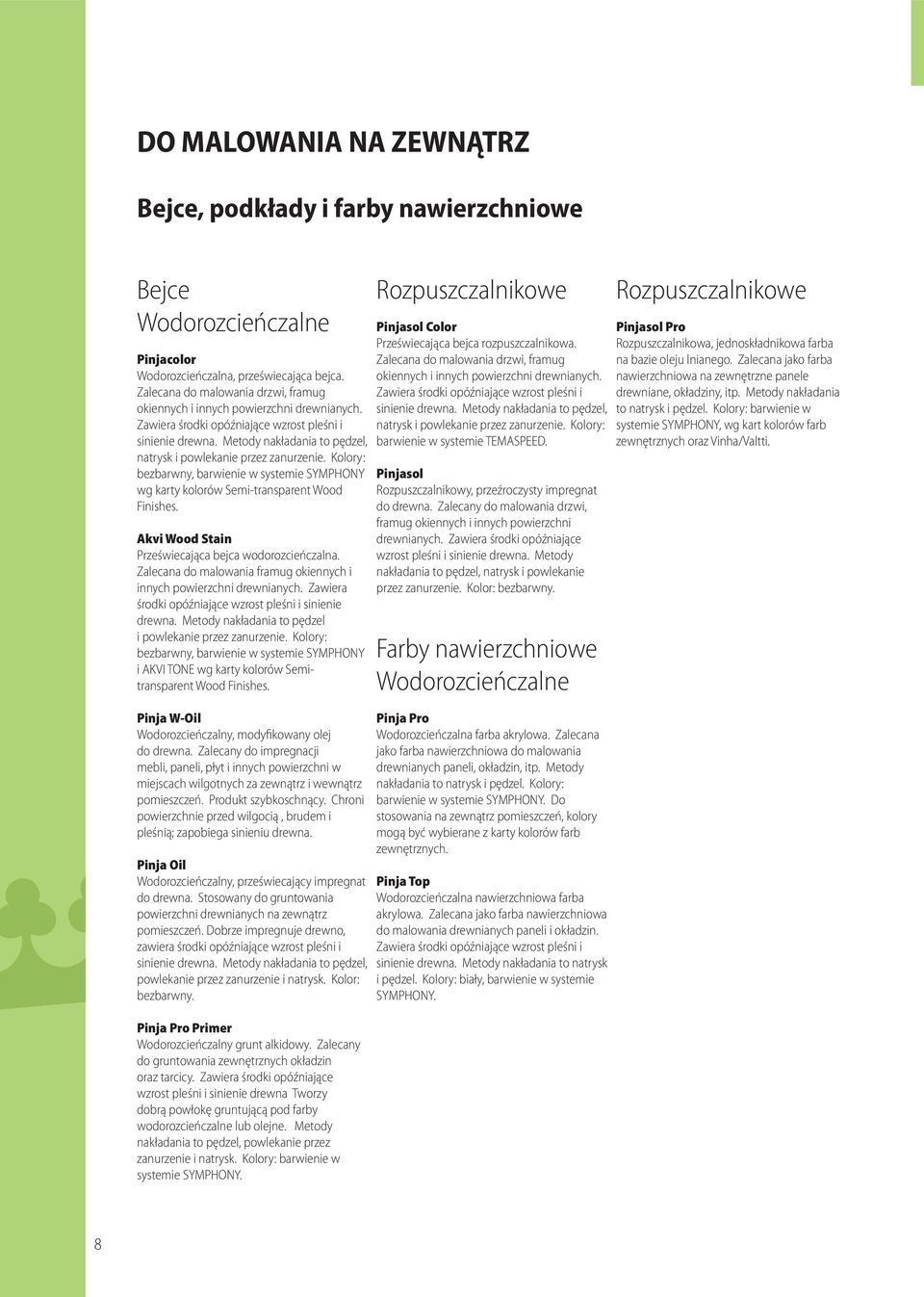 Metody nakładania to pędzel, natrysk i powlekanie przez zanurzenie. Kolory: bezbarwny, barwienie w systemie SYMPHONY wg karty kolorów Semi-transparent Wood Finishes.