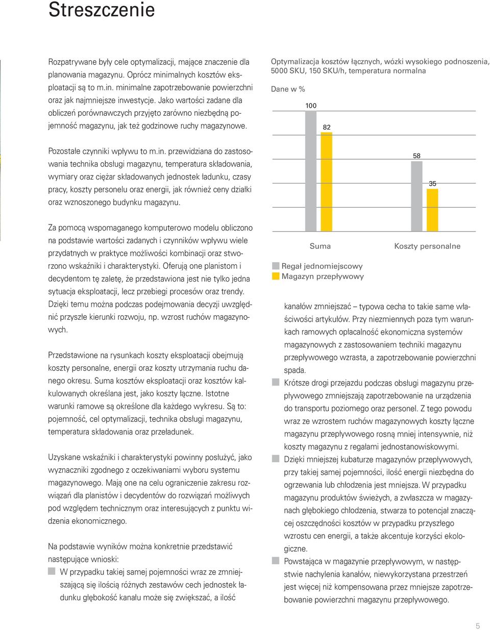 Optymalizacja kosztów łącznych, wózki wysokiego podnoszenia, 5000 SKU, 150 SKU/h, temperatura normalna Dane w % 100 82 Pozostałe czynniki wpływu to m.in.