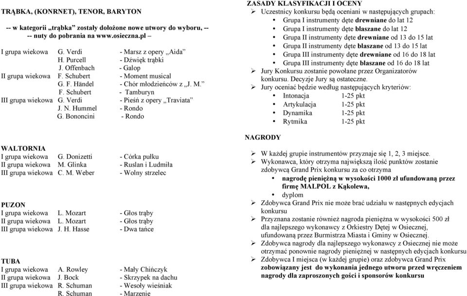 Hummel - Rondo G. Bononcini - Rondo - Pieśń z opery Traviata WALTORNIA I grupa wiekowa G. Donizetti - Córka pułku II grupa wiekowa M. Glinka - Ruslan i Ludmiła III grupa wiekowa C. M. Weber - Wolny strzelec PUZON I grupa wiekowa L.