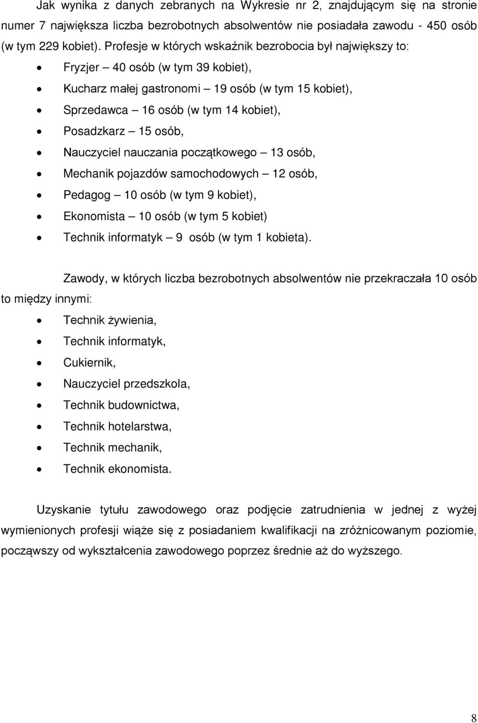 osób, Nauczyciel nauczania początkowego 13 osób, Mechanik pojazdów samochodowych 12 osób, Pedagog 10 osób (w tym 9 kobiet), Ekonomista 10 osób (w tym 5 kobiet) Technik informatyk 9 osób (w tym 1