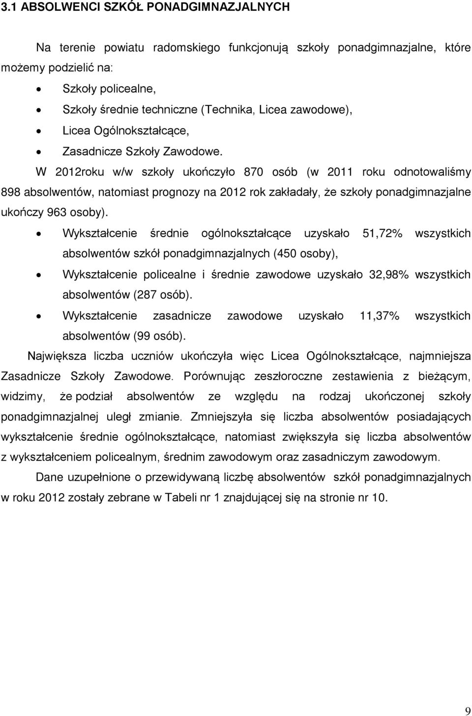 W 2012roku w/w szkoły ukończyło 870 osób (w 2011 roku odnotowaliśmy 898 absolwentów, natomiast prognozy na 2012 rok zakładały, że szkoły ponadgimnazjalne ukończy 963 osoby).