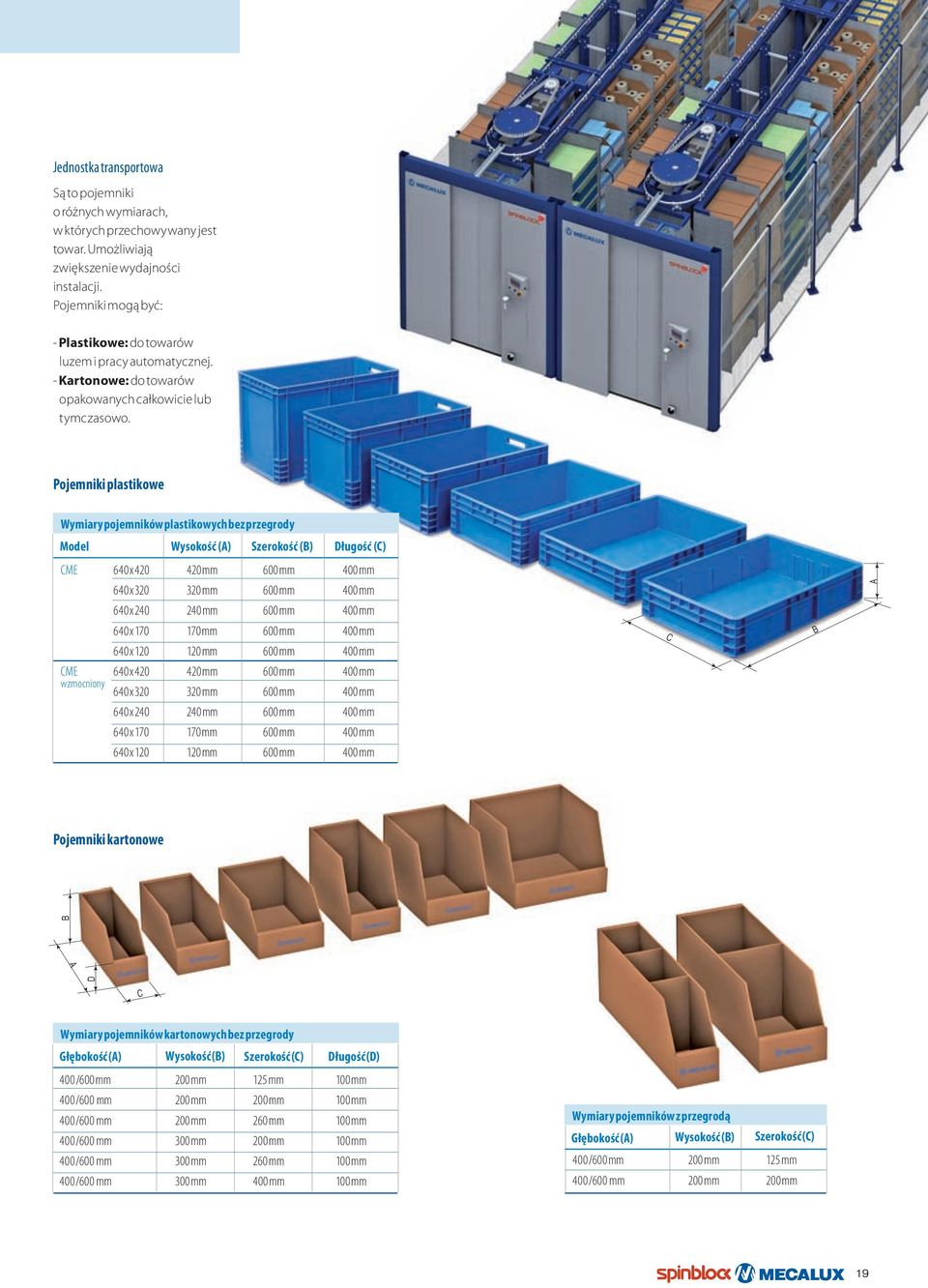 Pojemniki plastikowe Wymiary pojemników plastikowych bez przegrody Model Wysokość (A) Szerokość (B) Długość (C) CME 640 x 420 420 mm 600 mm 400 mm 640 x 320 320 mm 600 mm 400 mm A 640 x 240 240 mm