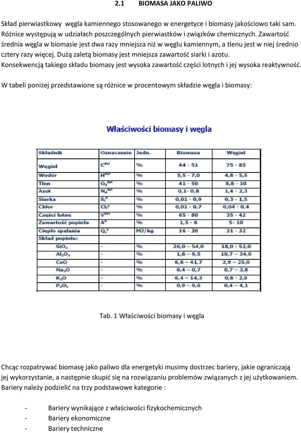 Konsekwencją takiego składu biomasy jest wysoka zawartość części lotnych i jej wysoka reaktywność. W tabeli poniżej przedstawione są różnice w procentowym składzie węgla i biomasy: Tab.