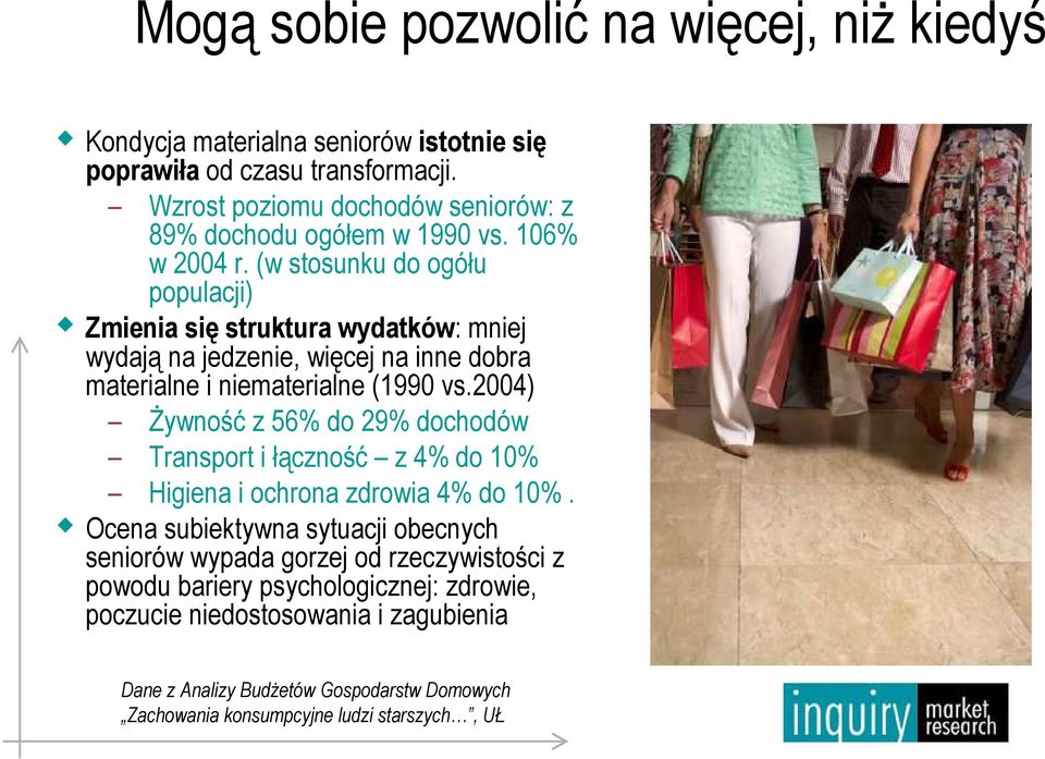(w stosunku do ogółu populacji) Zmienia się struktura wydatków: mniej wydają na jedzenie, więcej na inne dobra materialne i niematerialne (1990 vs.