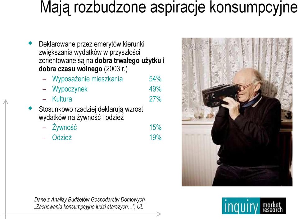 ) WyposaŜenie mieszkania 54% Wypoczynek 49% Kultura 27% Stosunkowo rzadziej deklarują wzrost wydatków
