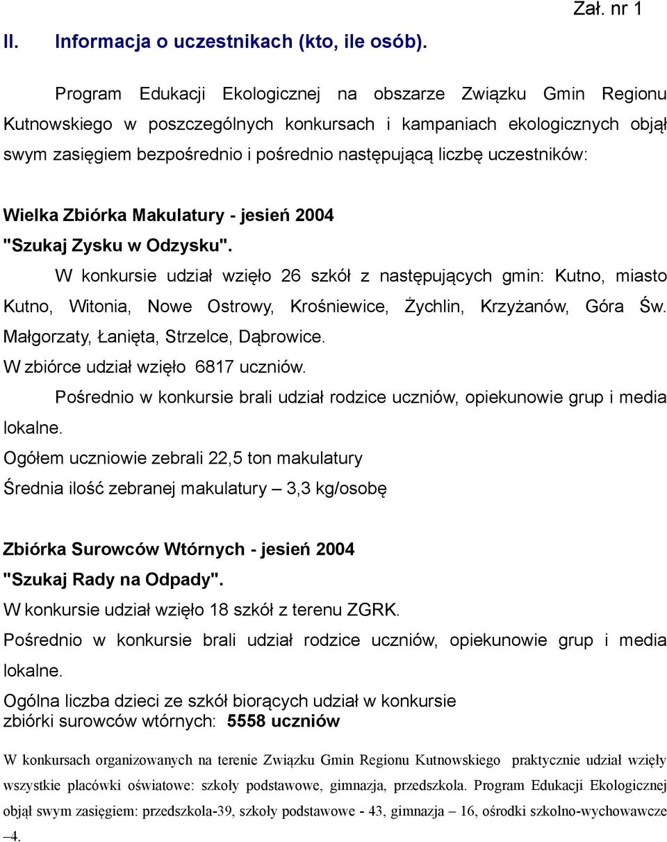 liczbę uczestników: Wielka Zbiórka Makulatury - jesień 2004 "Szukaj Zysku w Odzysku".