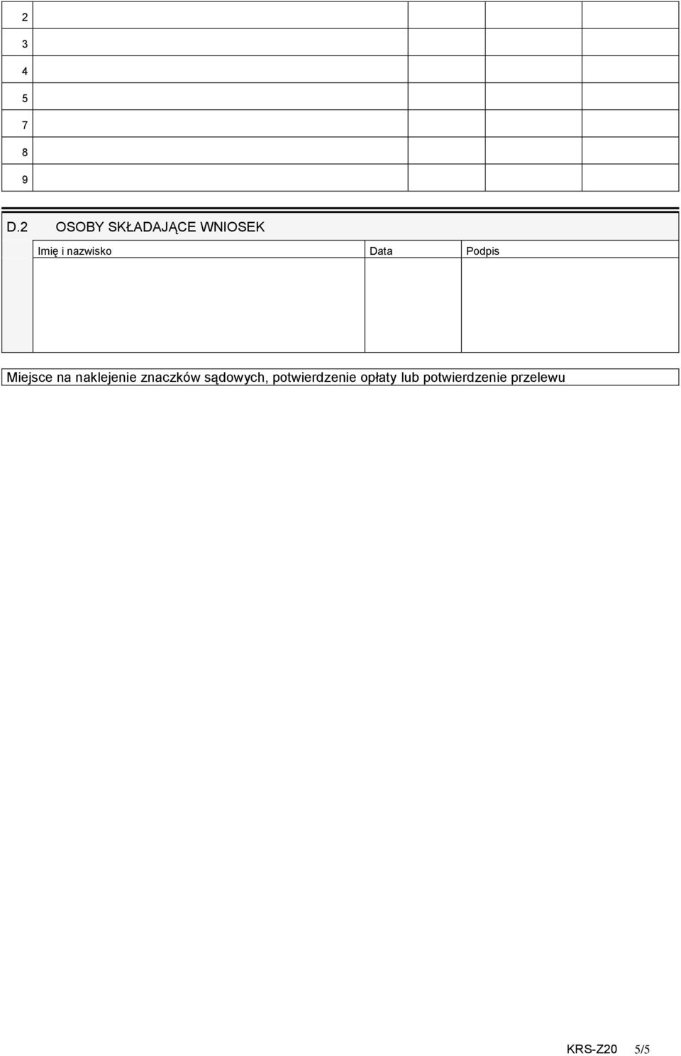 Data Podpis Miejsce na naklejenie znaczków