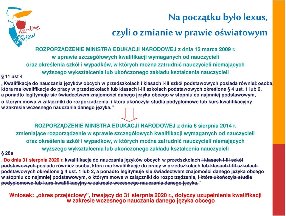 kształcenia nauczycieli 11 ust 4 Kwalifikacje do nauczania języków obcych w przedszkolach i klasach I-III szkół podstawowych posiada również osoba, która ma kwalifikacje do pracy w przedszkolach lub