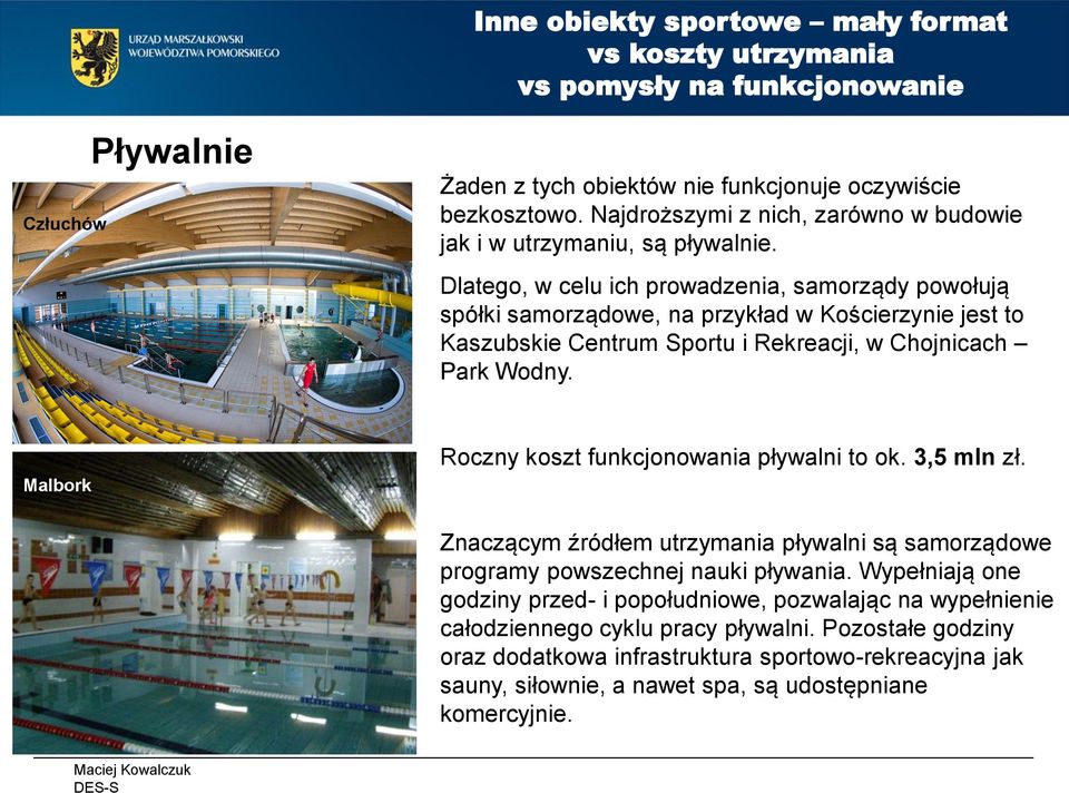 Malbork Roczny koszt funkcjonowania pływalni to ok. 3,5 mln zł. Znaczącym źródłem utrzymania pływalni są samorządowe programy powszechnej nauki pływania.
